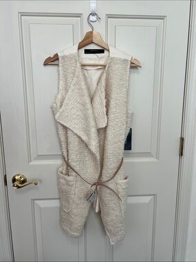 Zara Cream Bouclé Sleeveless Drape Vest with Tie